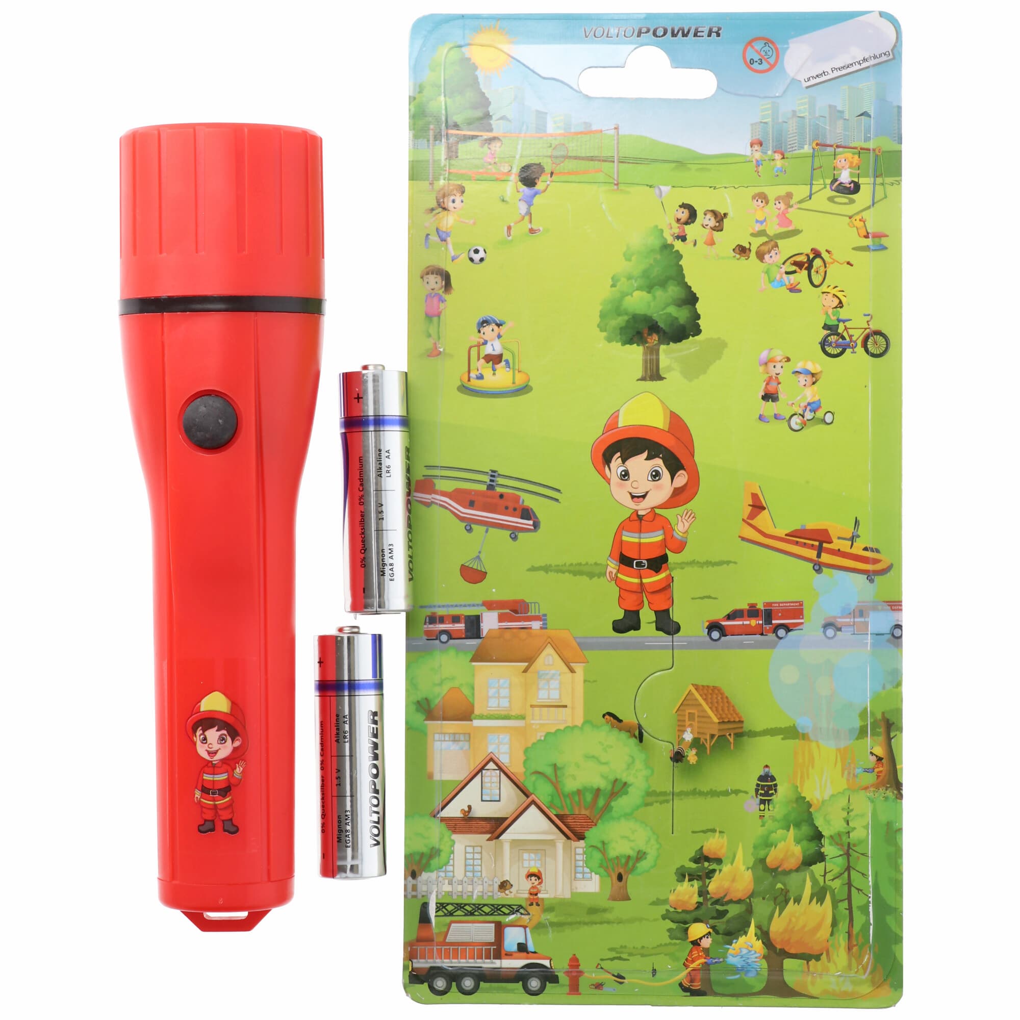 Lampe de poche à LED pour enfants dans un superbe design de pompier, facile à utiliser, ne pèse que 135 grammes, est livrée avec 2 piles AA