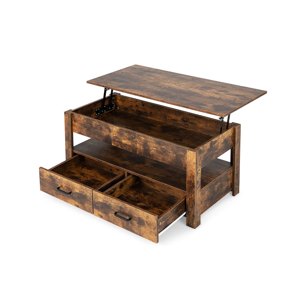 Table Basse Relevable à 2 Niveaux avec 2 Tiroirs Levage Pneumatique Table de Salon de Style Industri